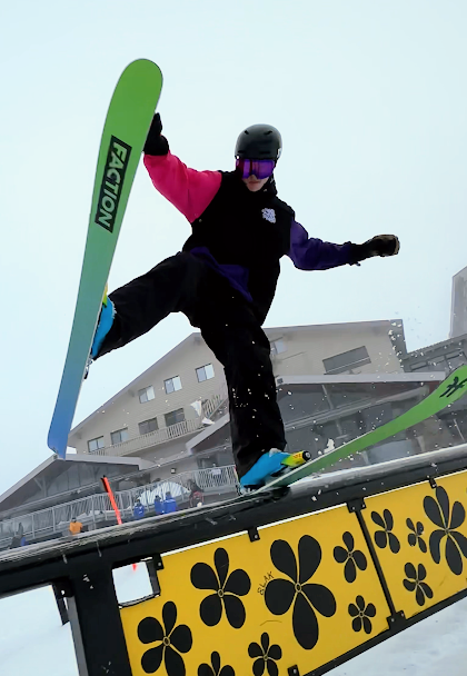 Jay Hall jibbin at Hotham, wearing the Berry Gobstopper Alpine Hoodie